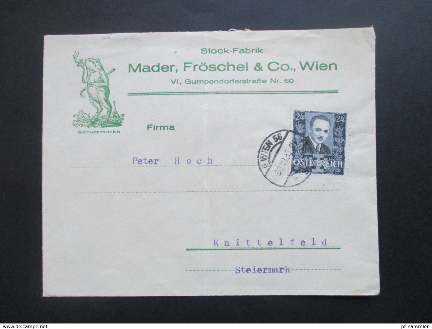 Österreich 1935 Ermordung Dolfuß Nr. 590 EF Dekorativer Firmenumschlag Rauchender Frosch / Stock Fabrik Mader & Fröschl - Cartas & Documentos