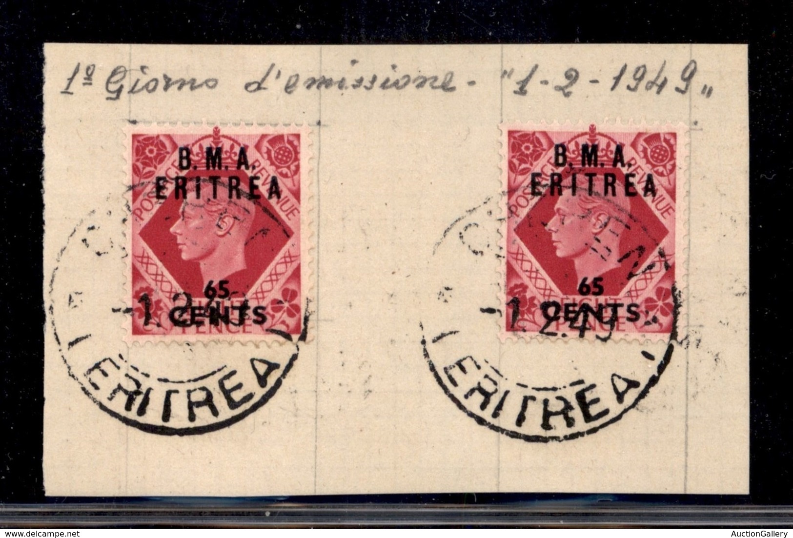 Occupazione Britannica - B.M.A./B.A. Eritrea - Cheren 1.2.49 - 65 Cent Su 8 Pence (8) - Due Pezzi Su Frammento Con Annul - Sonstige & Ohne Zuordnung