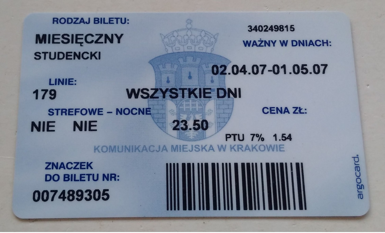 Poland Pologne Cracow Cracovie 1-month Ticket Billet 1 Mois Tramway Tram T4  2007 - Europe
