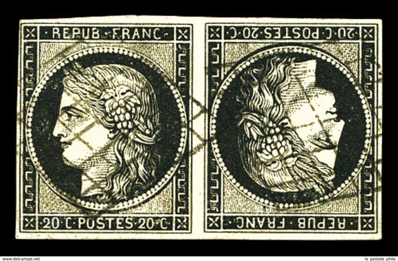 O N°3d, 20c Noir Sur Jaune En Paire Tête-bêche Obl Grille Très Légère. SUP. R. (signé Brun/certificats)  Qualité: O  Cot - 1849-1850 Cérès