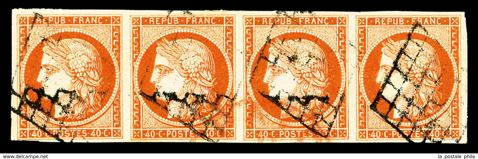 O N°5, 40c Orange: Bande De Quatre Horizontale, Obl Grille, Jolie Pièce, TB (signé/certificat)  Qualité: O  Cote: 4300 E - 1849-1850 Cérès