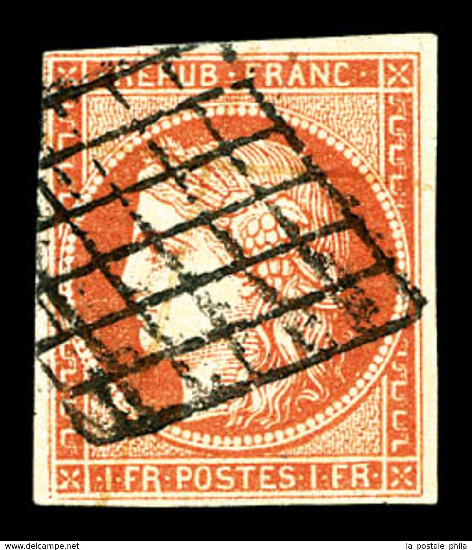 O N°7, 1F Vermillon Orangé Obl Grille, Jolie Pièce. TB. R.R. (signé Brun/certificat)  Qualité: O  Cote: 21000 Euros - 1849-1850 Cérès