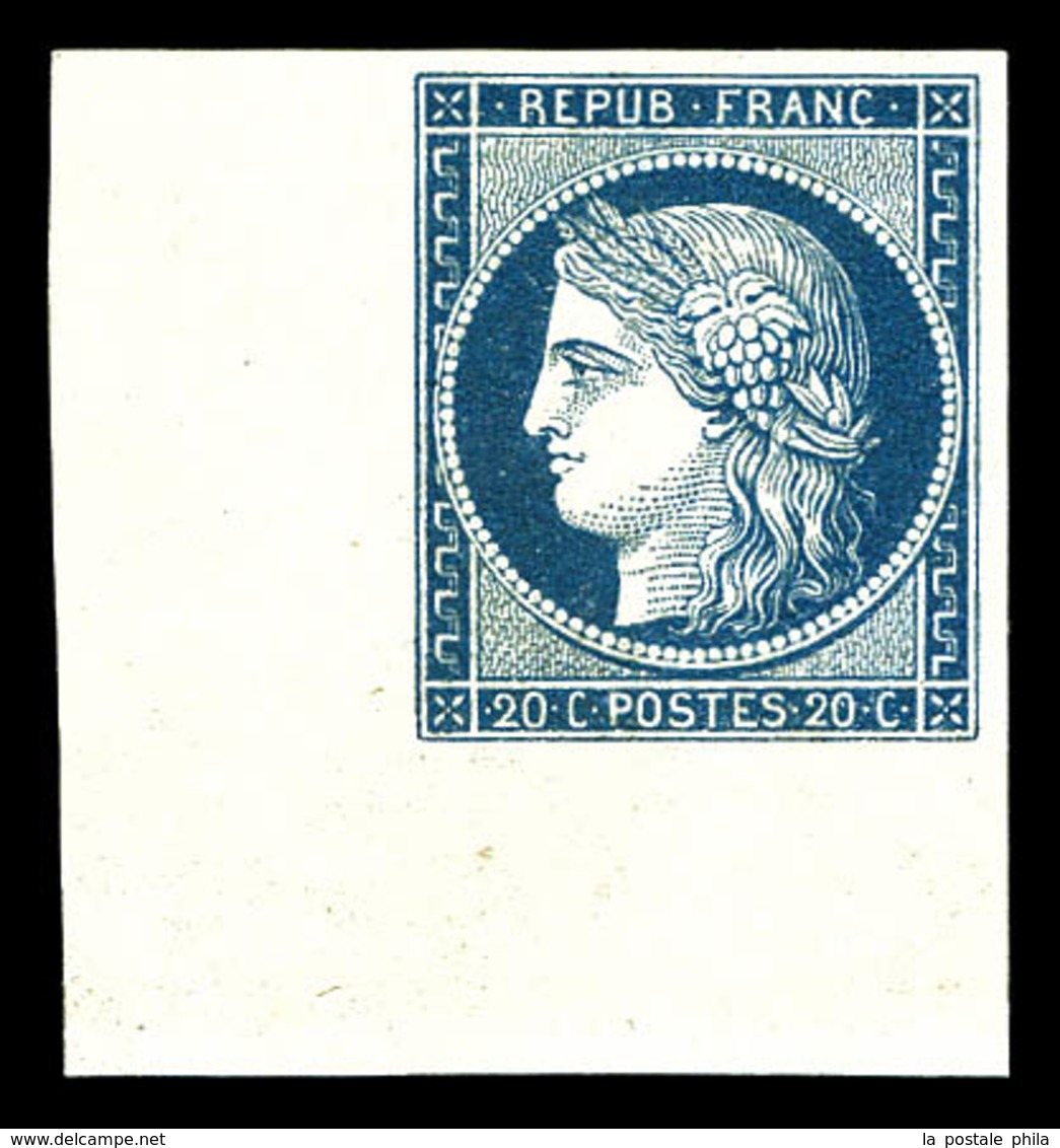 (*) N°8, Non émis, 20c Bleu Sur Jaunâtre, Coin De Feuille, MAGNIFIQUE (certificat)  Qualité: (*) - 1849-1850 Ceres
