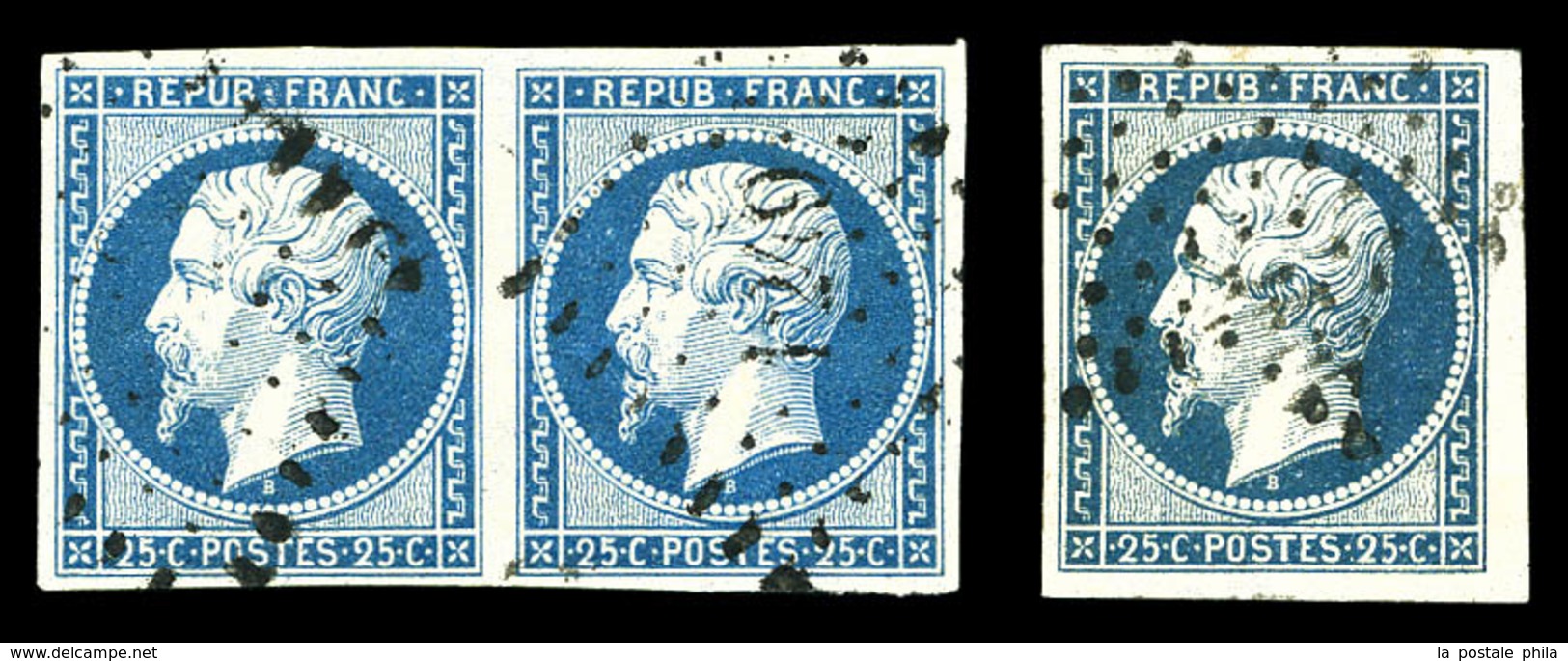 O N°10, 25c Bleu: 3 Exemplaires Dont Paire. TB  Qualité: O  Cote: 165 Euros - 1852 Louis-Napoleon