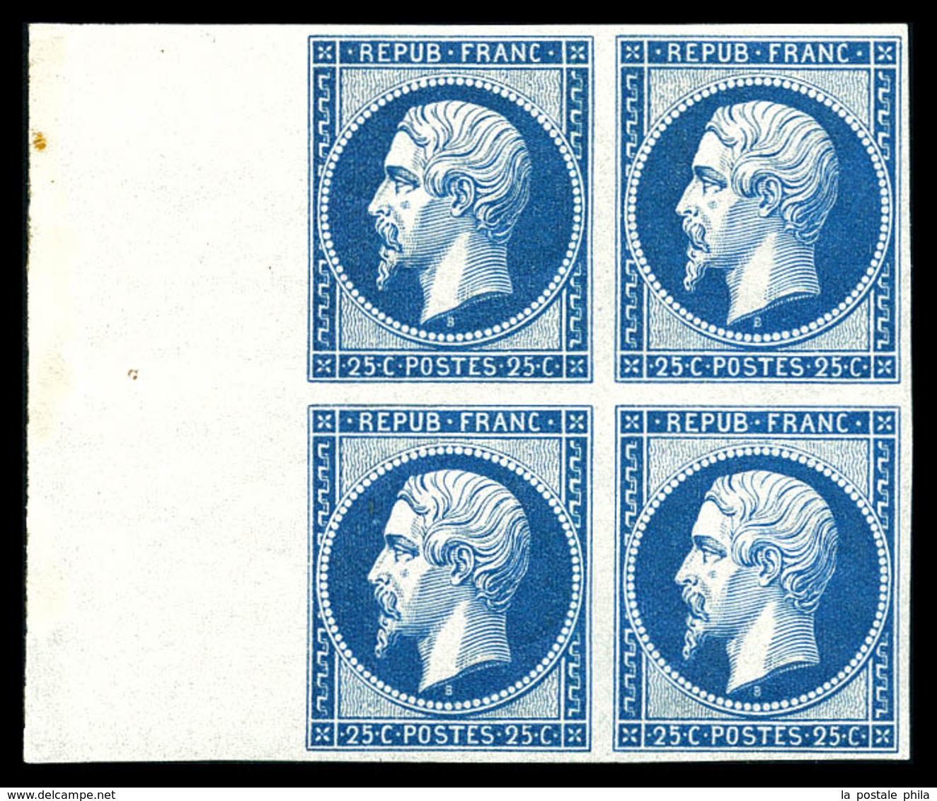 ** N°10c, 25c Bleu, Impression De 1862 En Bloc De Quatre Bord De Feuille (1ex*), Fraîcheur Postale. SUP. R. (certificat) - 1852 Louis-Napoléon