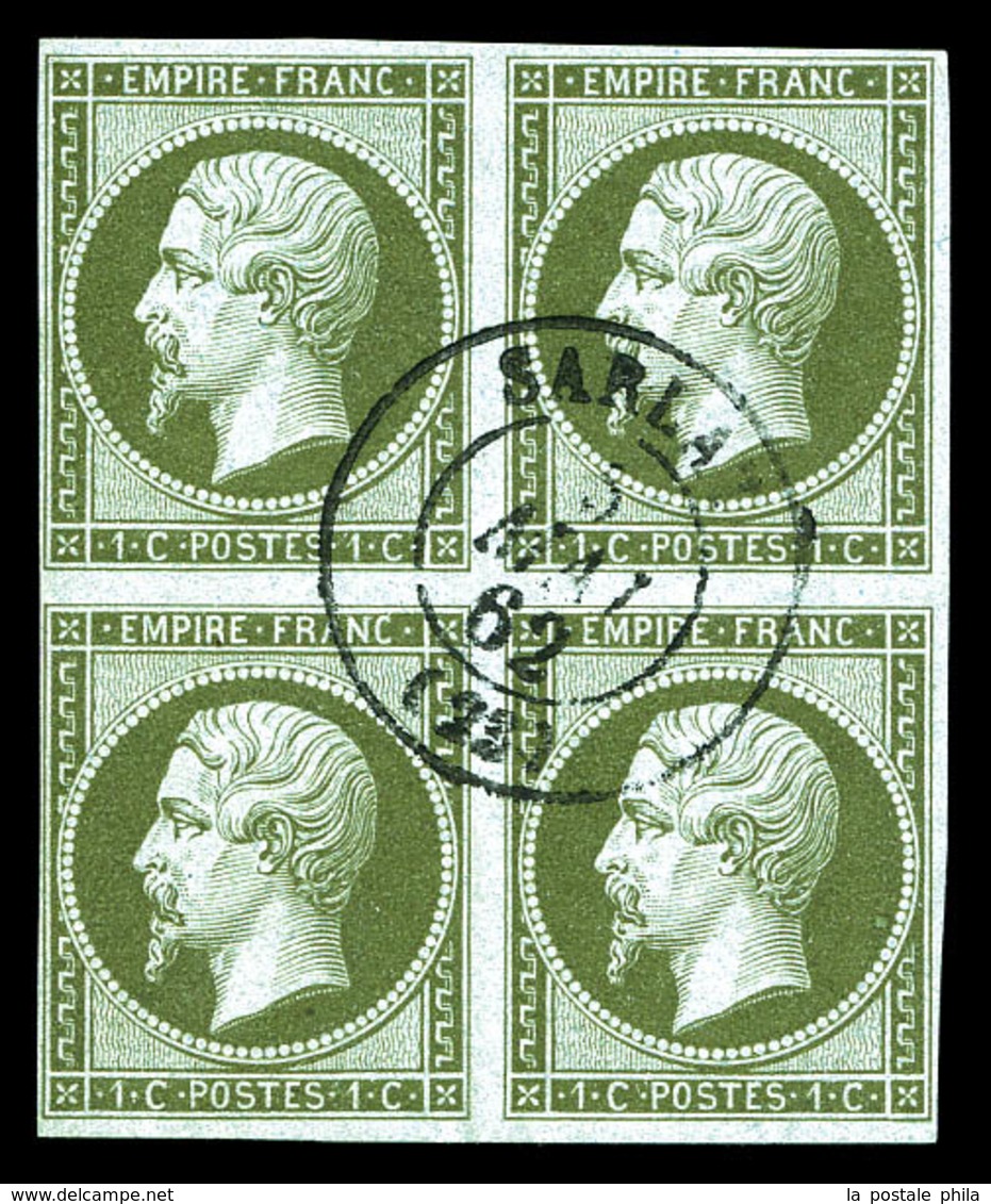 O N°11, 1c Olive, Bloc De 4 Obl Càd De Sarlat Le 5 Mai 62, Fente Sur 1 Ex. TB  Qualité: O  Cote: 1100 Euros - 1853-1860 Napoléon III