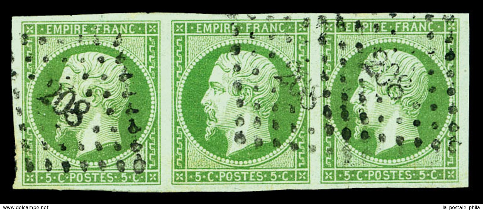 O N°12, 5c Vert En Bande De Trois Horizontale. TB  Qualité: O  Cote: 400 Euros - 1853-1860 Napoleone III