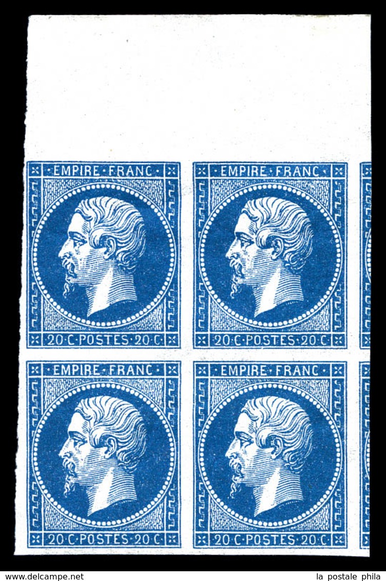 ** N°14A, 20c Bleu Type I En Bloc De Quatre Haut De Feuille Avec Voisins, Fraîcheur Postale. SUP (certificat)  Qualité:  - 1853-1860 Napoléon III