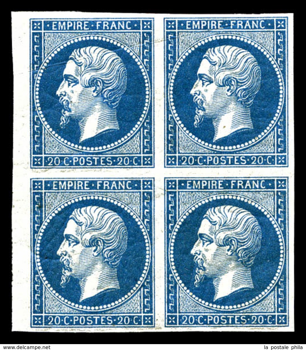 ** N°14B, 20c Type II, Bloc De Quatre, Infimes Froissures De Gomme, Fraîcheur Postale. TTB (certificat)  Qualité: ** - 1853-1860 Napoléon III.