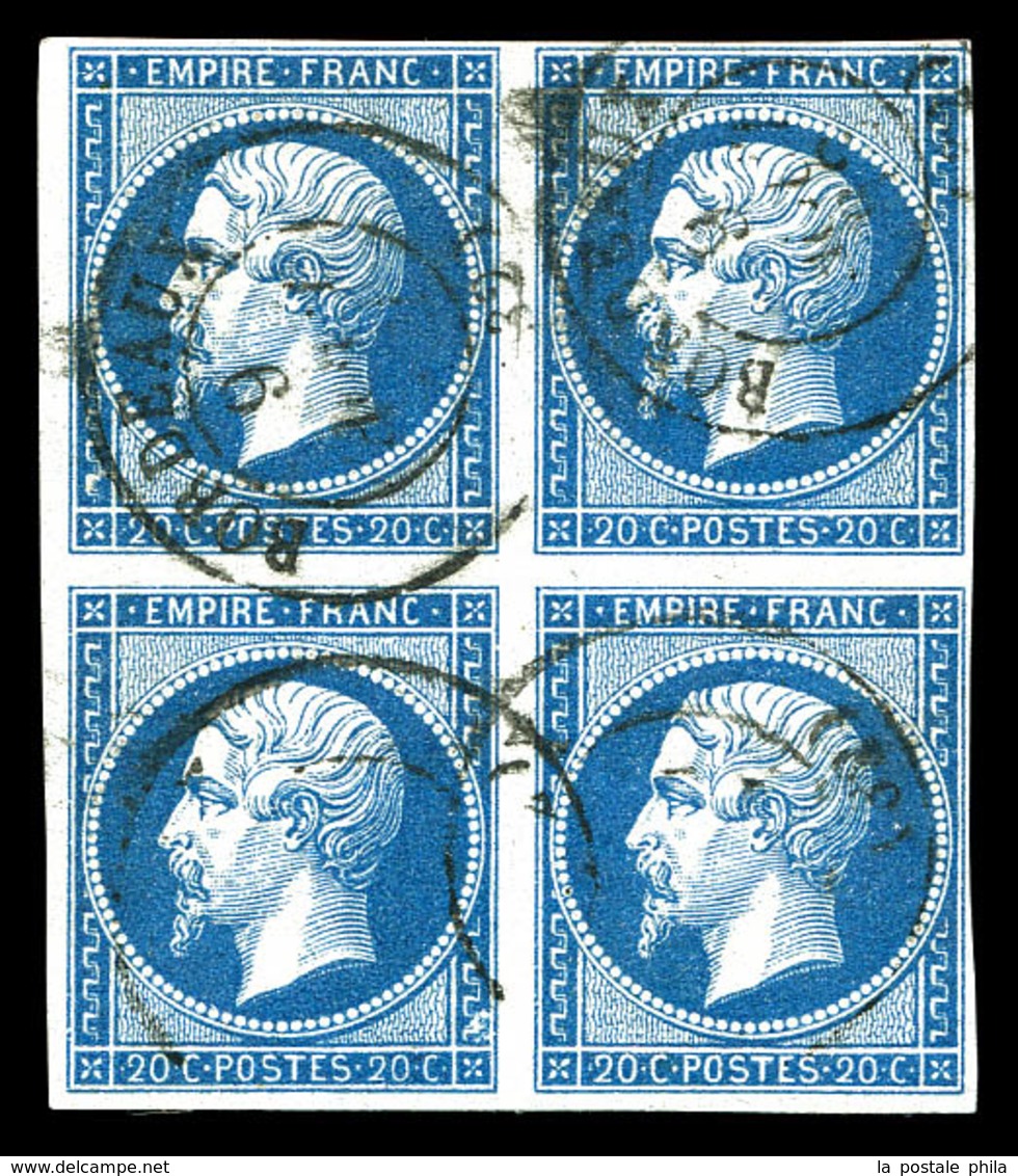 O N°14B, 20c Bleu Type II, Bloc De 4 Obl Càd De Bordeaux. TTB (certificat)  Qualité: O  Cote: 500 Euros - 1853-1860 Napoléon III