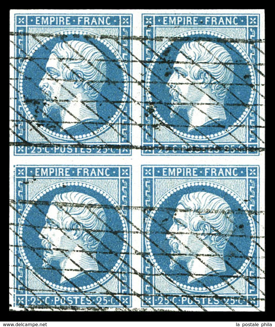 O N°15, 25c Bleu En Bloc De Quatre Obl Grille Sans Fin. TTB (signé Calves/certificat)  Qualité: O  Cote: 2750 Euros - 1853-1860 Napoléon III