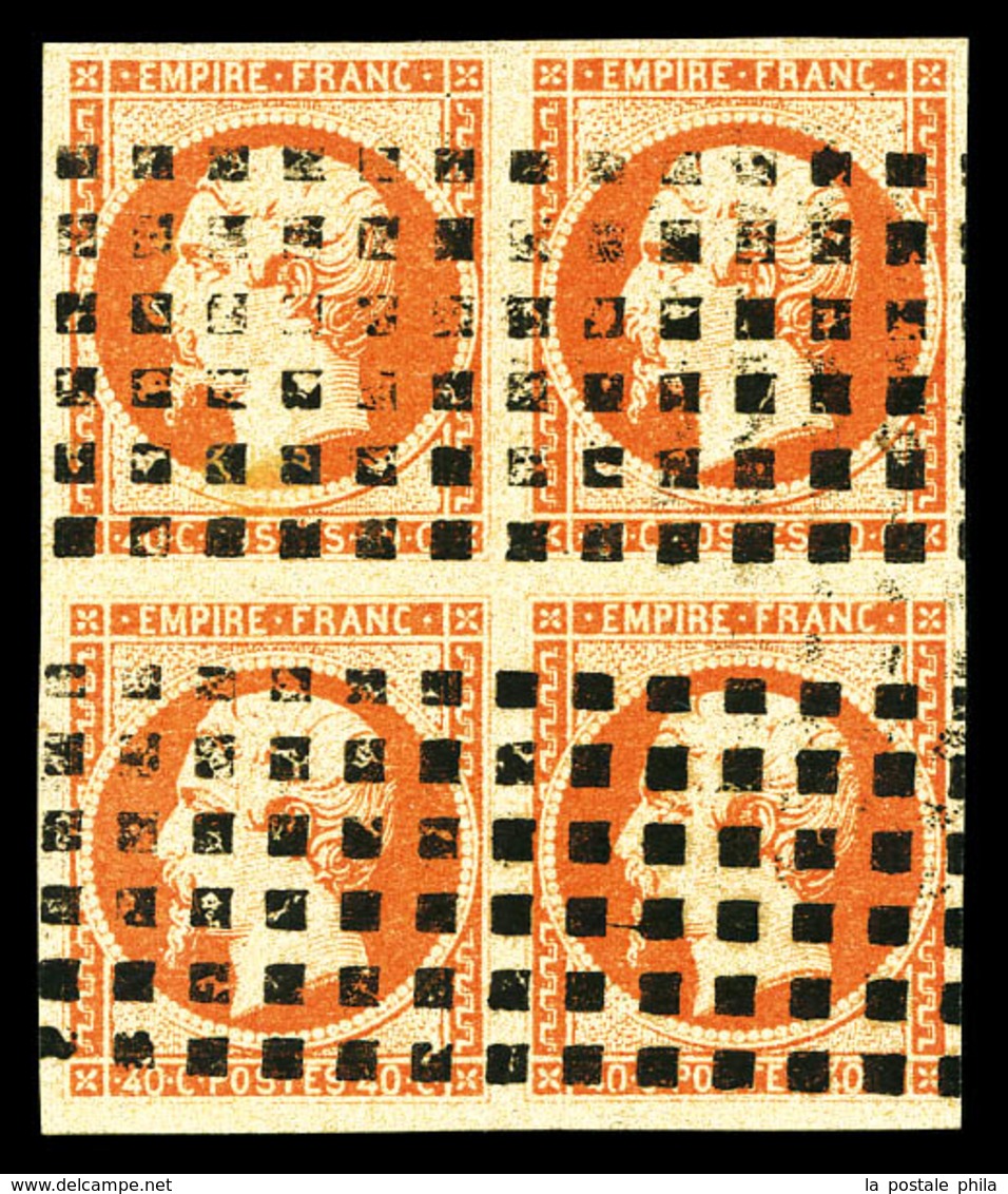 O N°16b, 40c Orange Sur Paille En Bloc De Quatre Oblitération GROS POINTS CARRES, SUP (certificat)  Qualité: O - 1853-1860 Napoléon III.