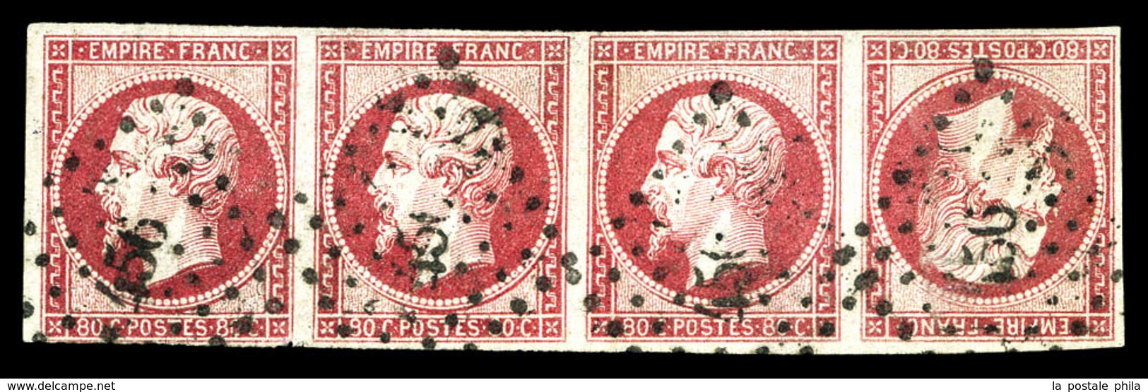 O N°17Bc, 80c Rose, TETE BECHE Dans Une Bande De 4 Obl Pc '456'. SUPERBE. R.R. (signé Margues/certificats)  Qualité: O   - 1853-1860 Napoléon III.