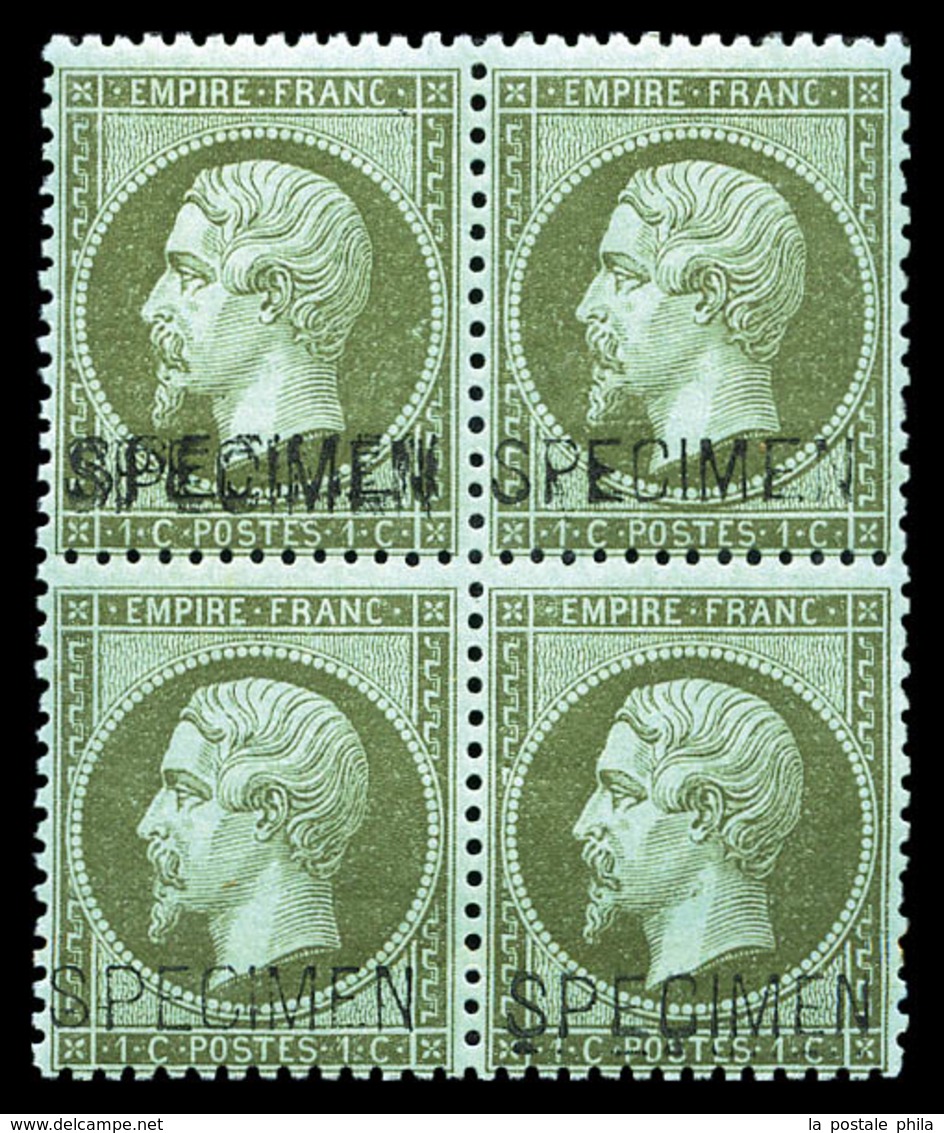 ** N°19f, 1c Vert Olive Surchargé 'SPÉCIMEN' Doublée Tenant à Normaux En Bloc De Quatre. Fraicheur Postale. SUP (certifi - 1862 Napoleon III