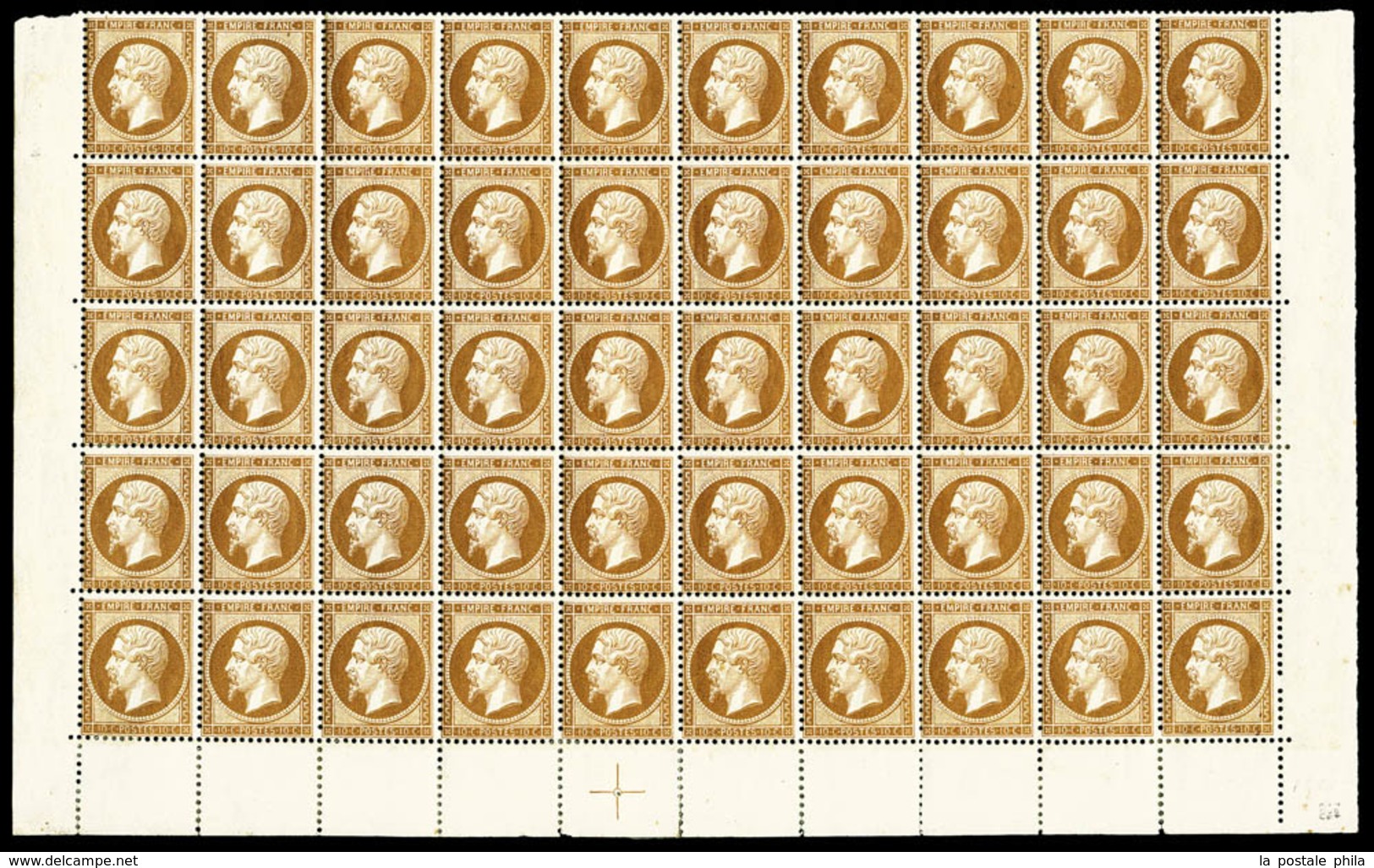 ** N°21b, 10c Bistre-brun En Panneau De 50 Exemplaires (5ex*) Avec Bord De Feuille Et Croix De Repère, QUALITÉ EXCEPTION - 1862 Napoleon III