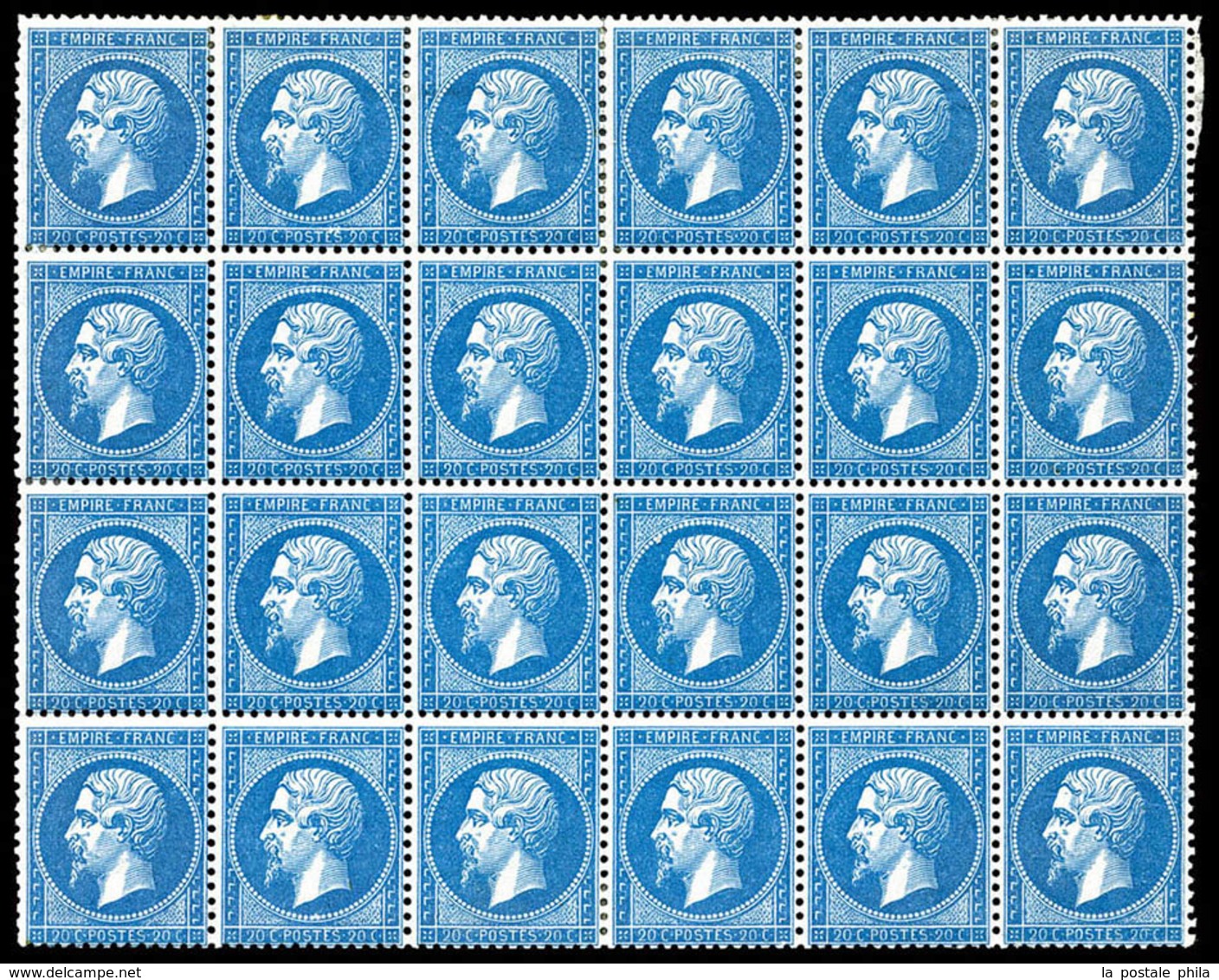 ** N°22a, 20c Bleu Foncé, Exceptionnel Bloc De 24 Exemplaires (11ex*), Fraîcheur Postale. R.R.R. (signé/certificat)  Qua - 1862 Napoléon III