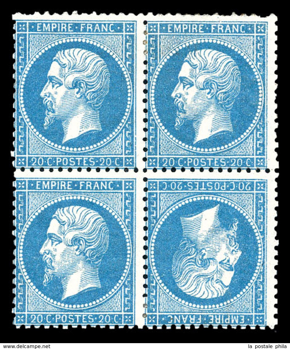 * N°22b, 20c Bleu, Tête-bêche Tenant à Normaux En Bloc De Quatre. SUP. R. (signé Scheller/certificat)  Qualité: *  Cote: - 1862 Napoléon III.