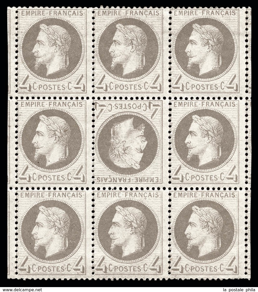 ** N°27B, 4c Gris, Tête-bêche Au Centre D'un Bloc De Neuf Avec Voisins, Fraîcheur Postale, Très Grande Rareté De La Phil - 1863-1870 Napoleone III Con Gli Allori