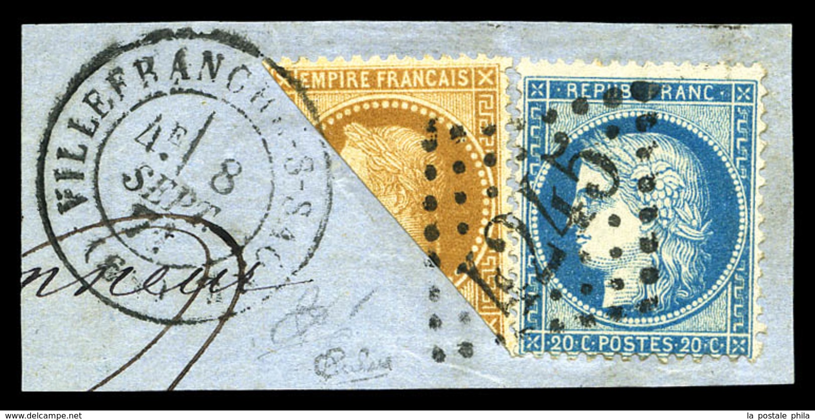 O N°28 +37, 10c Bistre Coupé + 20c Bleu Obl GC 4245 Sur Fragment Frappé Du Càd De Villefranche S-Saone Du 8 Sept 1871. T - 1863-1870 Napoléon III. Laure