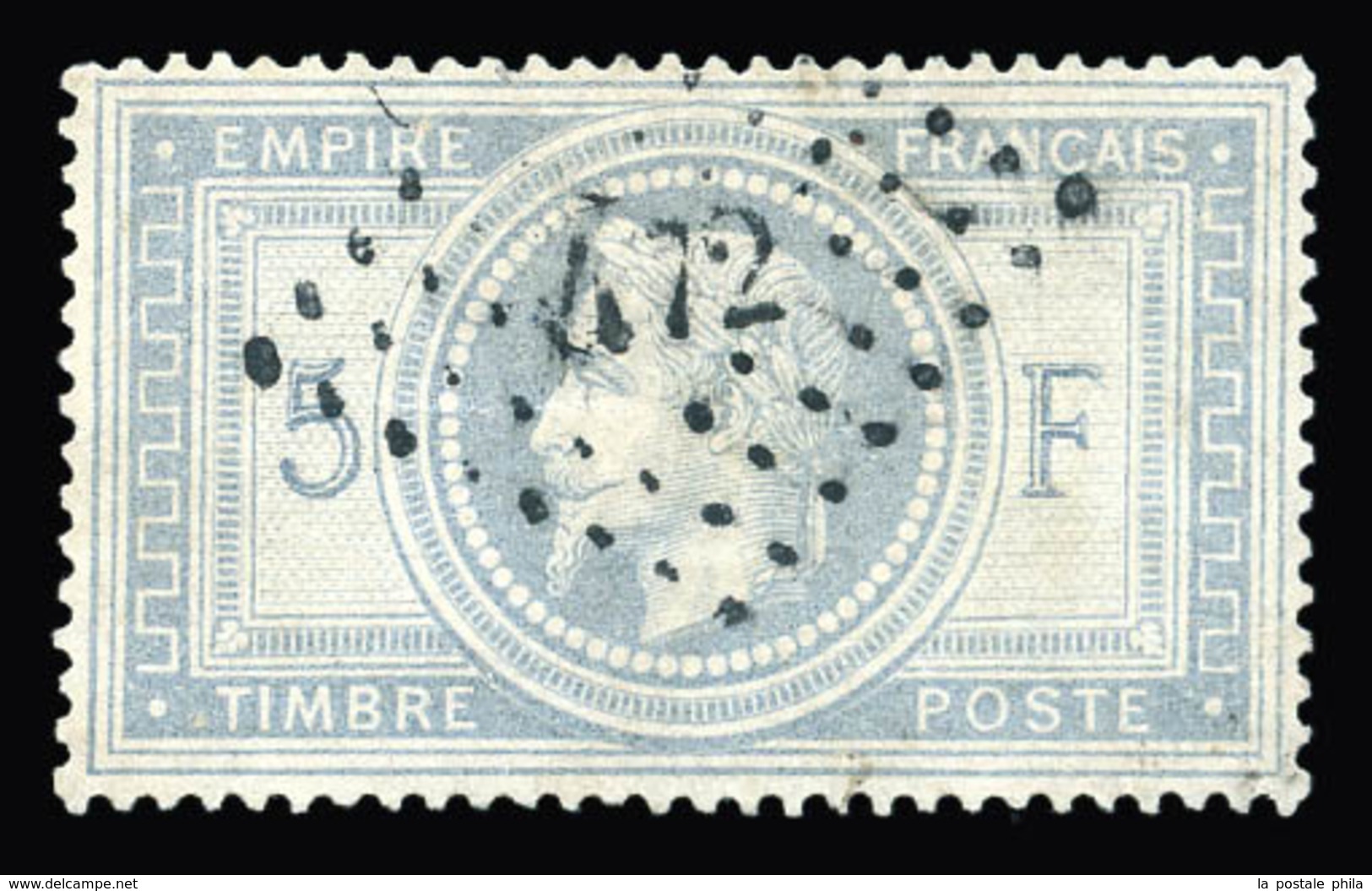 O N°33, 5f Violet-gris, Obl Petits Chiffres '472', Infime Pelurage. TB (certificat)  Qualité: O  Cote: 1300 Euros - 1863-1870 Napoleone III Con Gli Allori