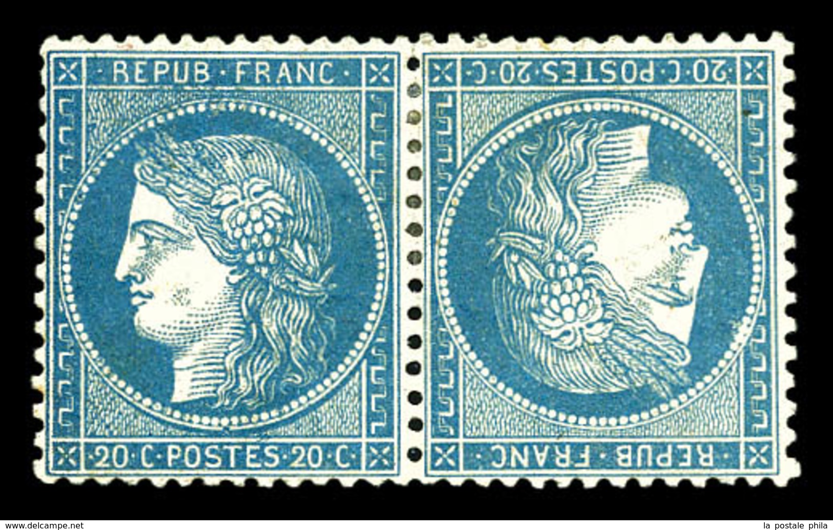 * N°37d, 20c Bleu En Paire Tête-bêche, Très Bon Centrage. SUPERBE (certificat)  Qualité: *  Cote: 7000 Euros - 1870 Siège De Paris