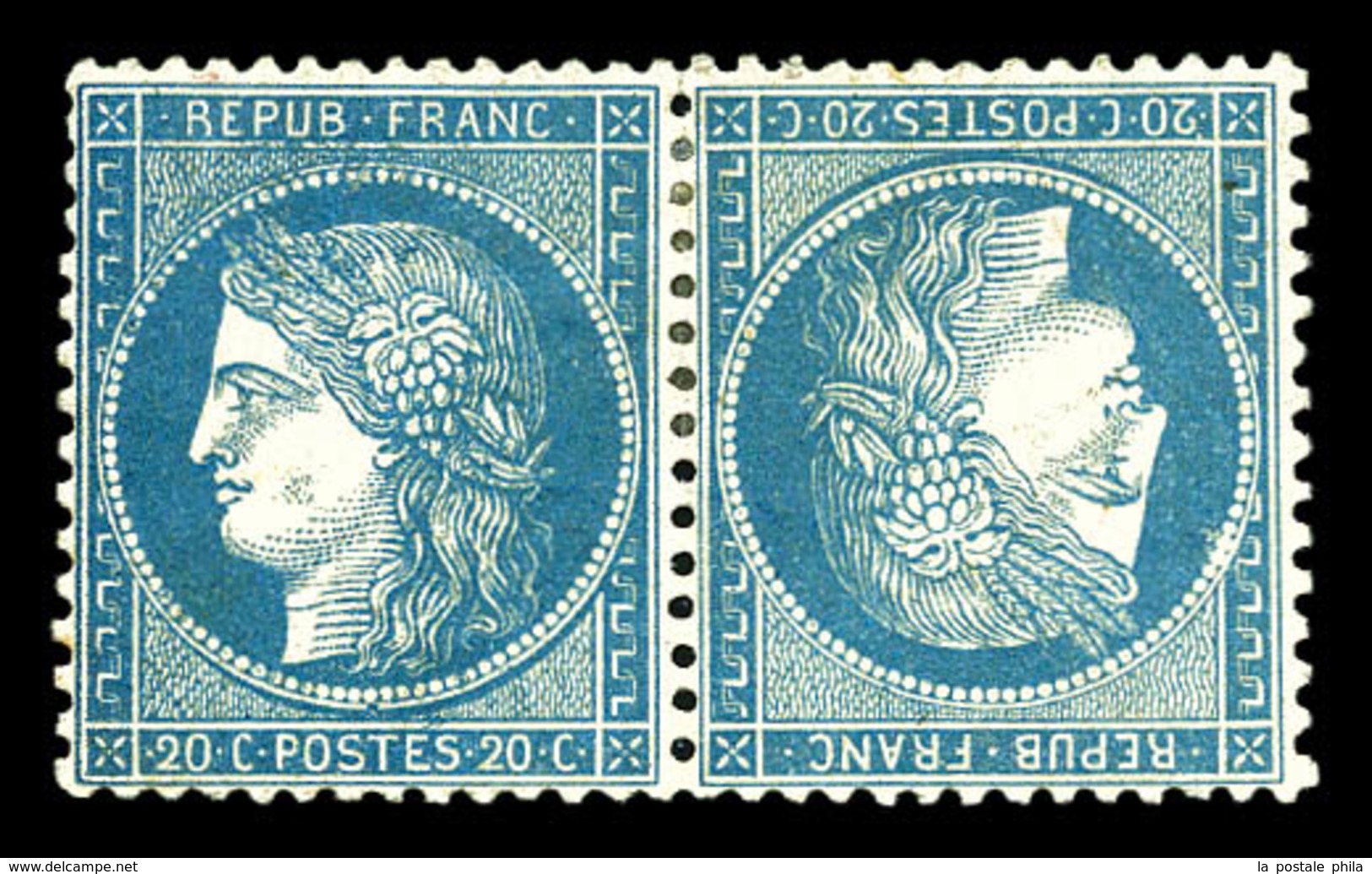 * N°37d, 20c Bleu En Paire Tête-bêche, Très Bon Centrage. SUPERBE (certificat)  Qualité: *  Cote: 7000 Euros - 1870 Assedio Di Parigi