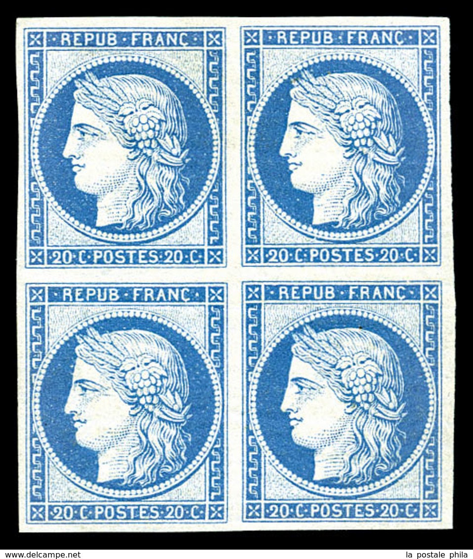 ** N°37f, 20c Bleu, Reimpression De Granet En Bloc De Quatre, Fraîcheur Postale. SUPERBE (certificat)  Qualité: ** - 1870 Siège De Paris