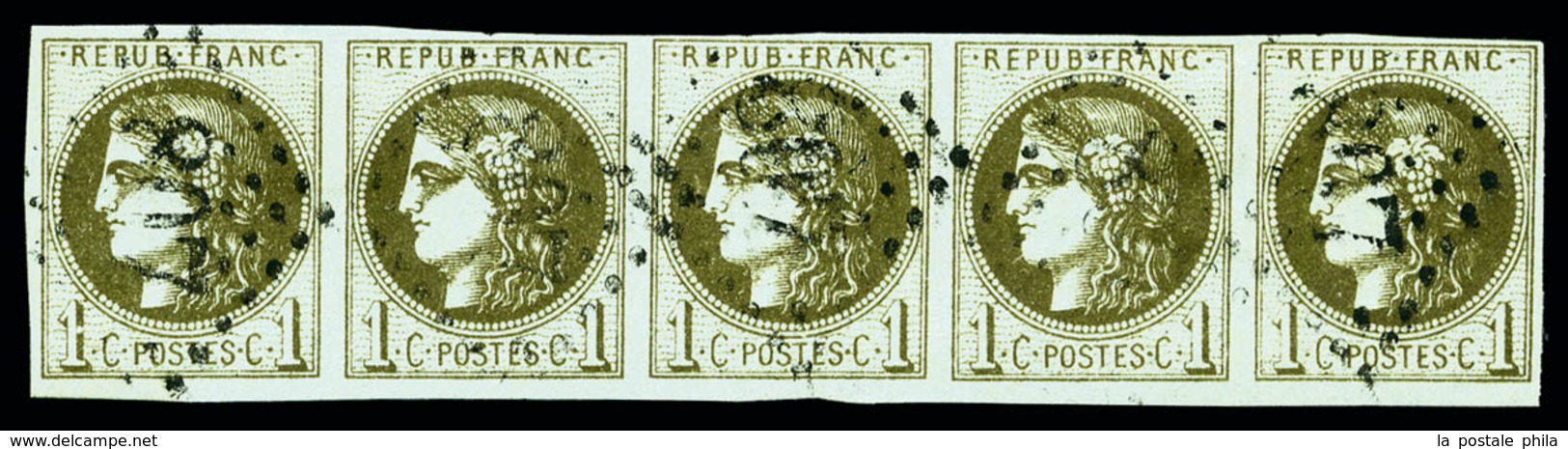 O N°39C, 1c Olive Rep III En Bande De Cinq Oblitérée GC, SUP (certificat)  Qualité: O  Cote: 1100 Euros - 1870 Ausgabe Bordeaux