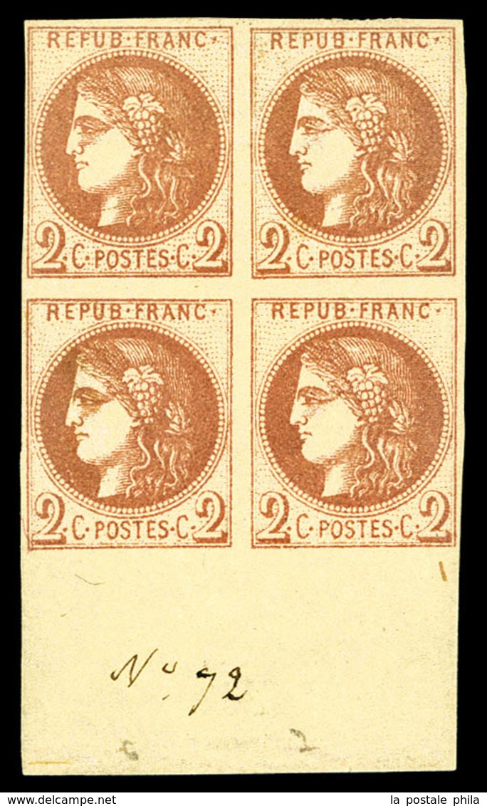 ** N°40A, 2c Chocolat Clair Report 1 En Bloc De Quatre Bord De Feuille (2ex*), Fraîcheur Postale, SUPERBE. R.R (signé Ca - 1870 Emission De Bordeaux