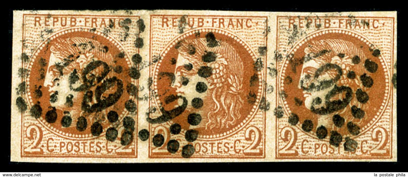O N°40B, 2c Brun-rouge En Bande De Trois Horizontale, Jolie Pièce (certificat)  Qualité: O  Cote: 1150 Euros - 1870 Bordeaux Printing