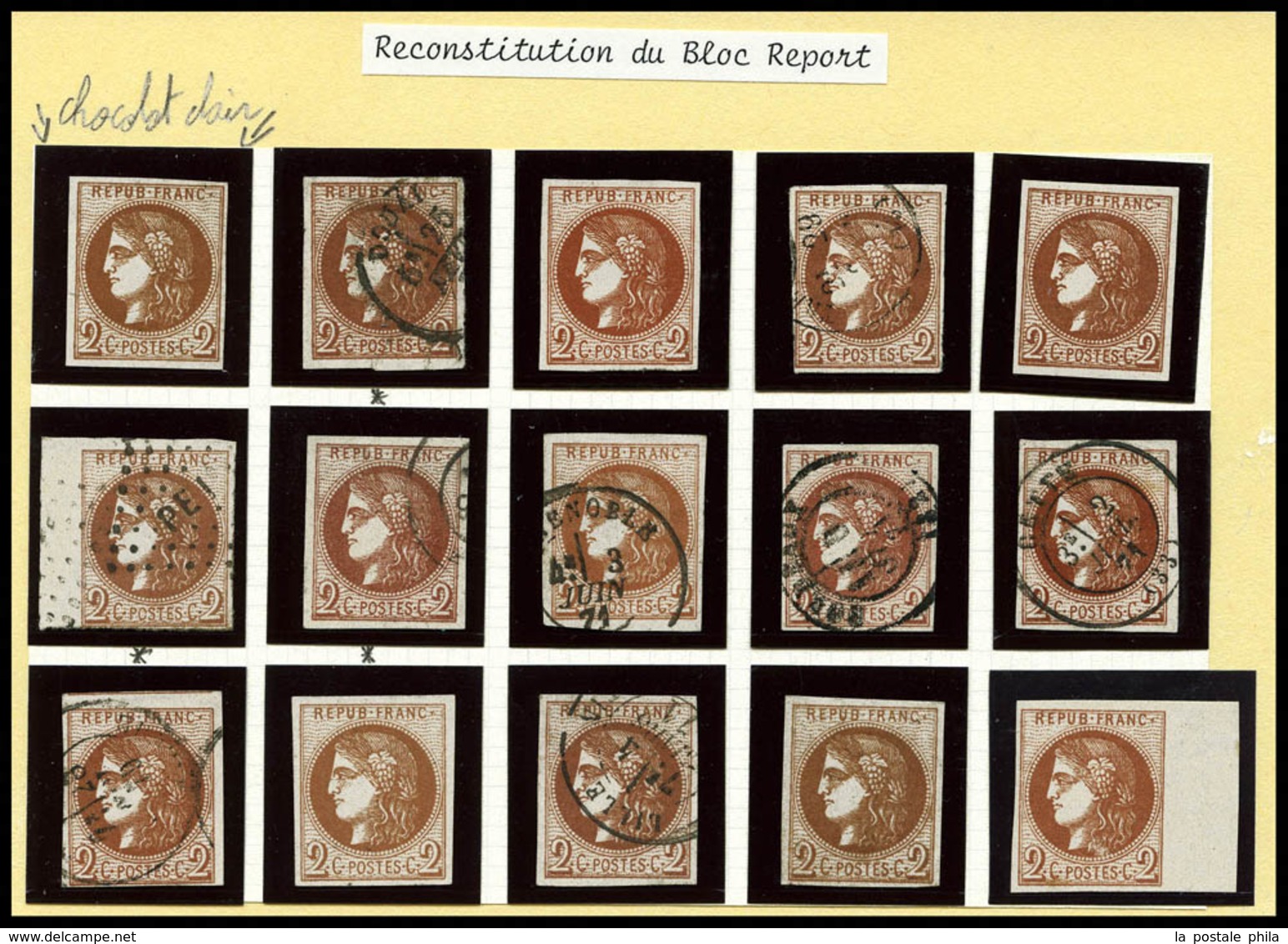 O 2c Bordeaux, Bloc Report De 15 Exemplaires Reconstitué Dont Bord De Feuille, Nuances (chocolat Clair...). B/SUP. R. (s - 1870 Emission De Bordeaux
