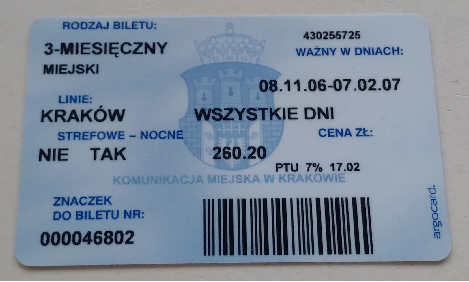 Poland Pologne Cracow Cracovie 3-month Ticket Billet 3 Mois  Tramway Tram LH  2006 - Europa