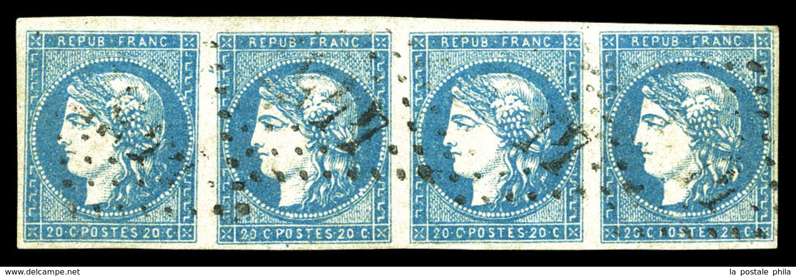 O N°44B, 20c Bleu Type I Report 2, Bande De Quatre Exemplaires Obl GC '4455', Belles Marges. SUP. R.R. (certificats)  Qu - 1870 Emissione Di Bordeaux