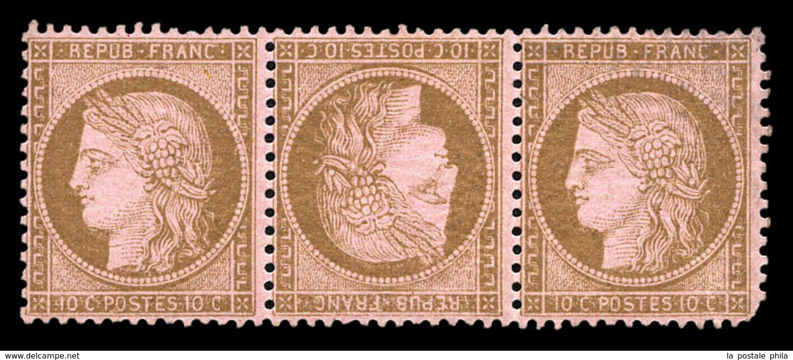 ** N°58c, 10c Brun Sur Rose. Tête-bêche Dans Une Bande De 3. (ex Normal Une Dent Courte), Tête-bêche Parfait, Fraîcheur  - 1871-1875 Ceres