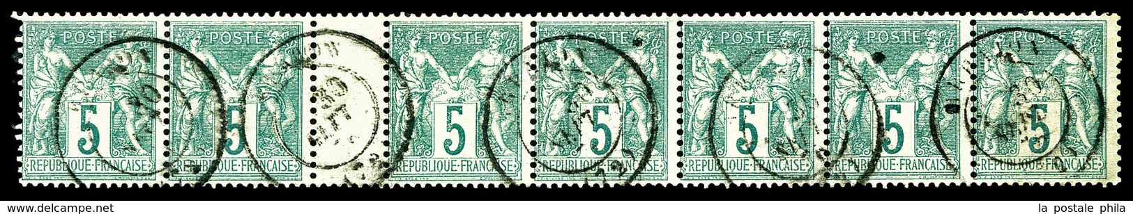 O N°64, 5c Vert Type I En Bande De 7 Avec Pont. TTB (certificat)  Qualité: O - 1876-1878 Sage (Tipo I)