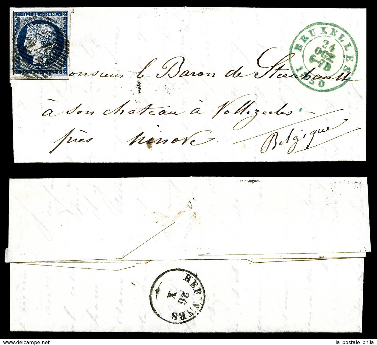 O N°4, Cérès 25c Bleu Obl CACHET BELGE P24 Sur Lettre Du 24 Oct 1850 Au Départ De Bruxelles. Timbre De France Ayant Circ - 1849-1876: Periodo Classico