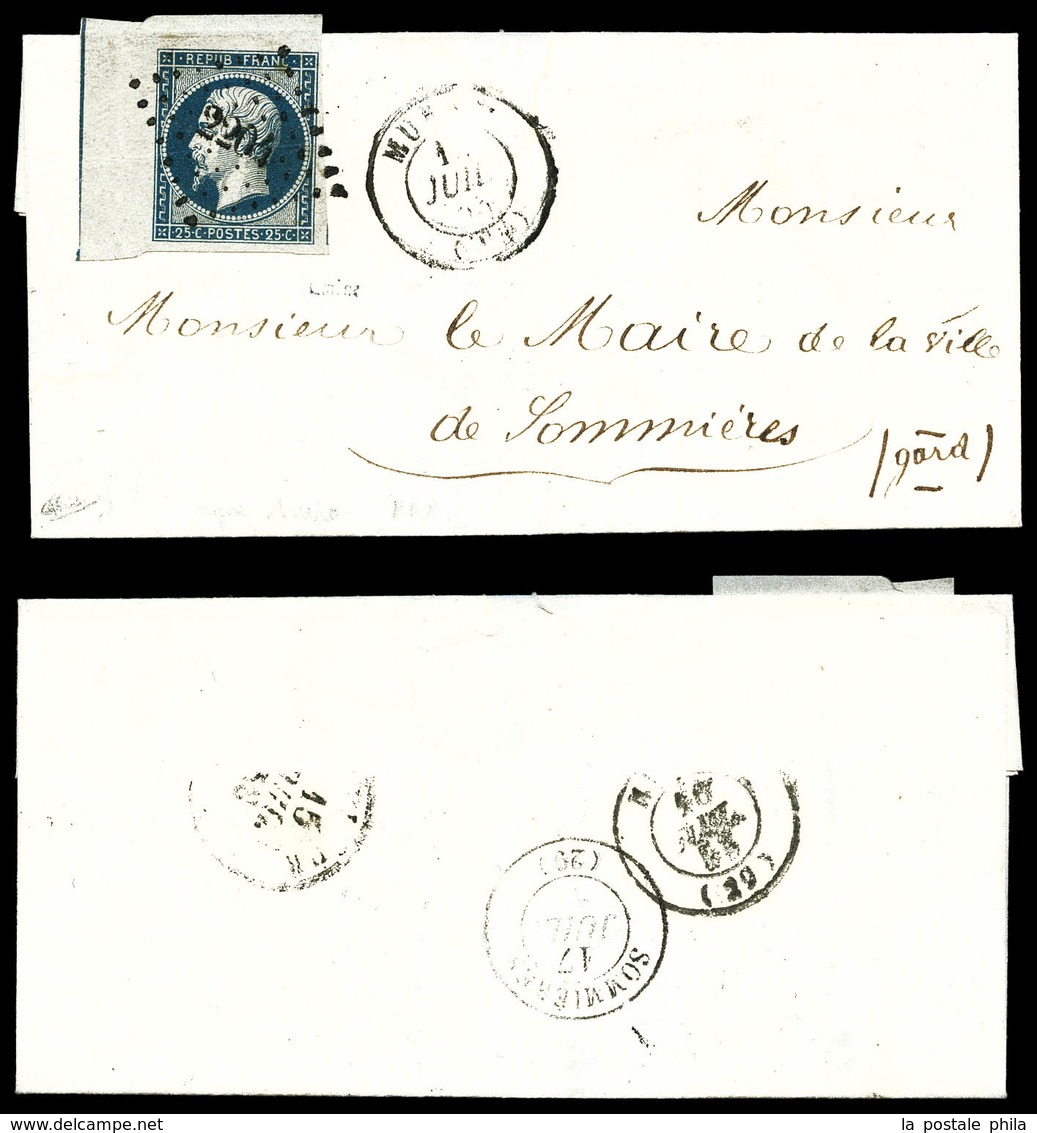 O N°10b, 25c Bleu Coin De Feuille Avec FILET D'ENCADREMENT Partiel, Pli D'archive, Obl Petits Chiffres 2204 Sur Lettre D - 1849-1876: Klassik