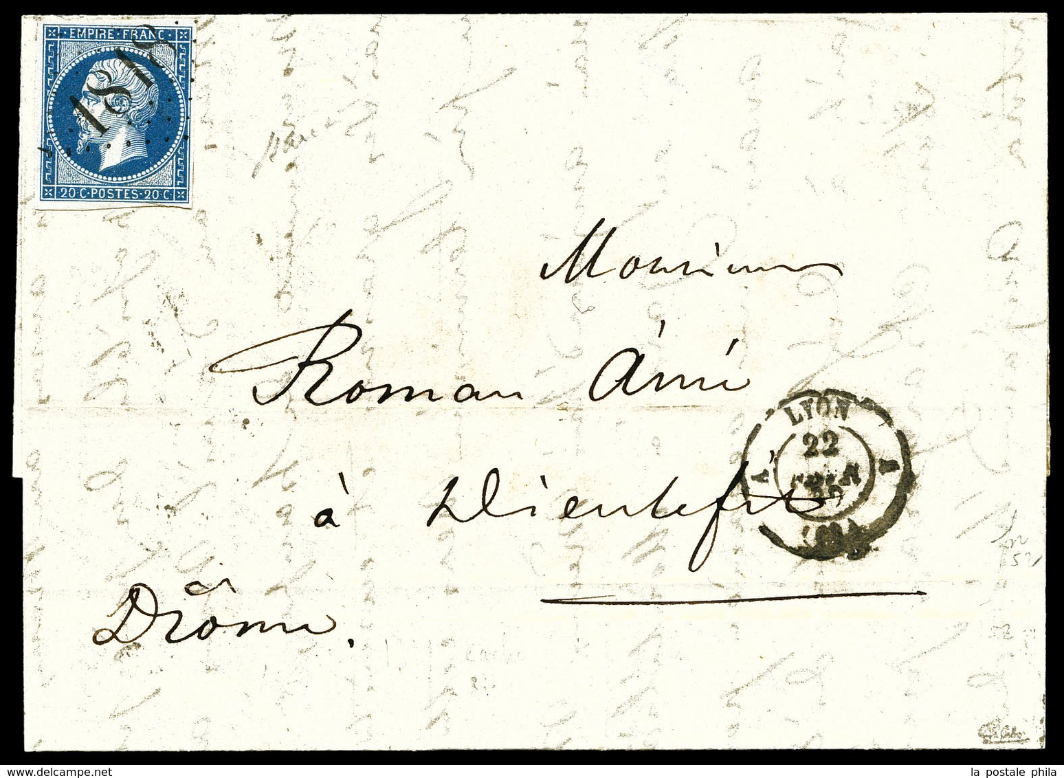 O N°14, 20c Bleu Obl Cachet D'essai Délié '1818' De Lyon Sur Lettre De Lyon Le 22 Fev 1855 Pour Dieulefit. SUP. R. (sign - 1849-1876: Periodo Classico