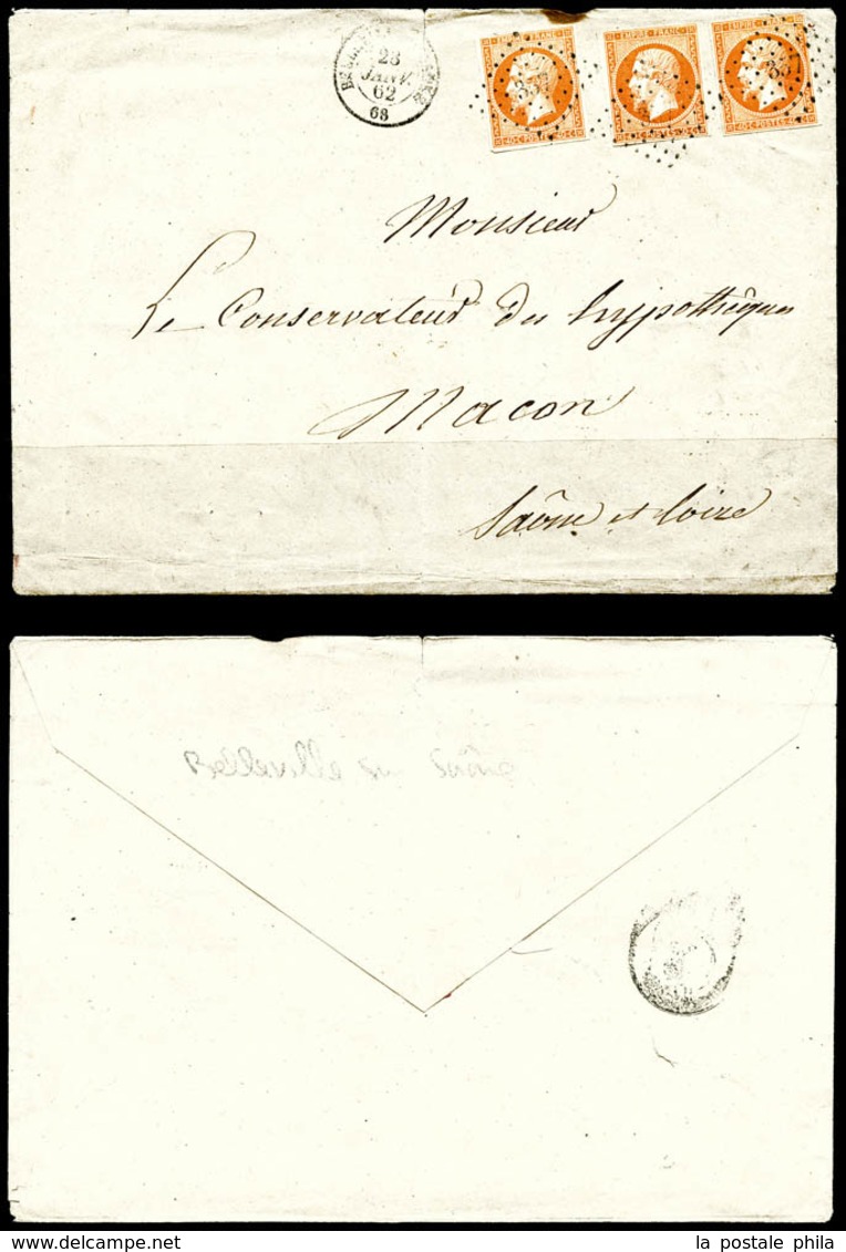 O N°16, 40c Empire, 3 Ex Sur Papiers D'affaires 71ème échelon, Bande Pour Un Envoi De Belleville Sur Saône à Macon Le 23 - 1849-1876: Klassik