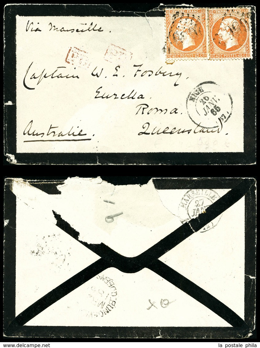 O N°23, 40c Dentelé, 2 Ex Sur Lettre De Nice Le 26 Janv 65 à Destination De L'Australie, Arrivée Le 23 Mai 1865. TB. R.  - 1849-1876: Periodo Classico