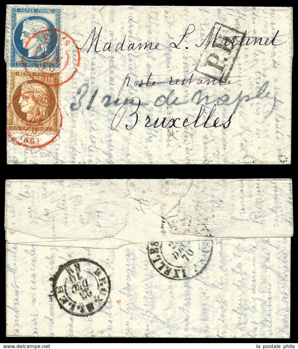 O LE JACQUARD', 10c Et 20c Siège (N°36/37) Sur Lettre Obl Càd Paris S.C Rouge Du 24 Nov 1870 + Grand 'PD' Pour La Belgiq - Guerra Del 1870