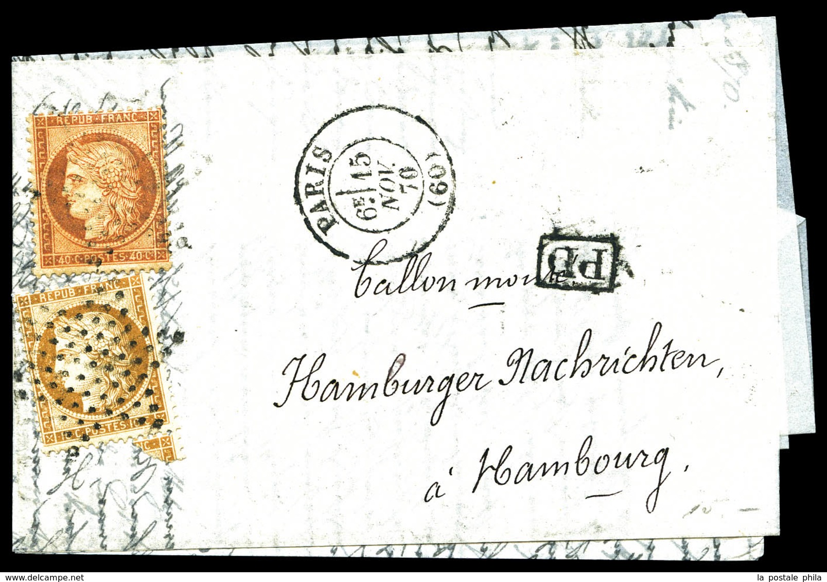 O LE GENERAL ULRICH', Correspondance Havas En Allemand, Affranchie à 50c (10c + 40c Siège) Au Départ De Paris Le 15 Nove - War 1870