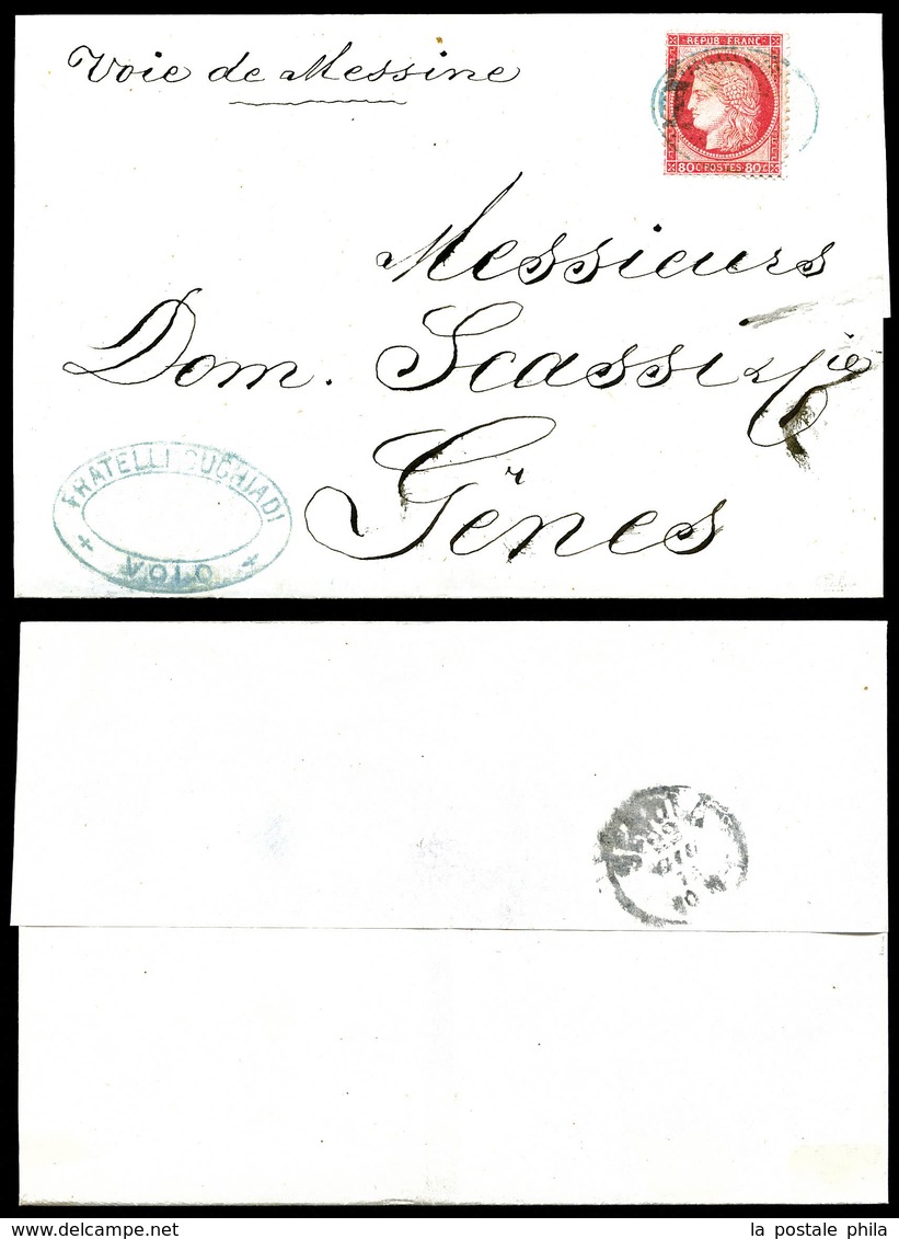 O Cérès 80c Rose (N°57) Oblitéré Du Cachet Ovale Des Messageries Maritimes En Bleu Sur Lettre De Volo Pour Gênes. Mm 'Vo - 1863-1870 Napoleone III Con Gli Allori