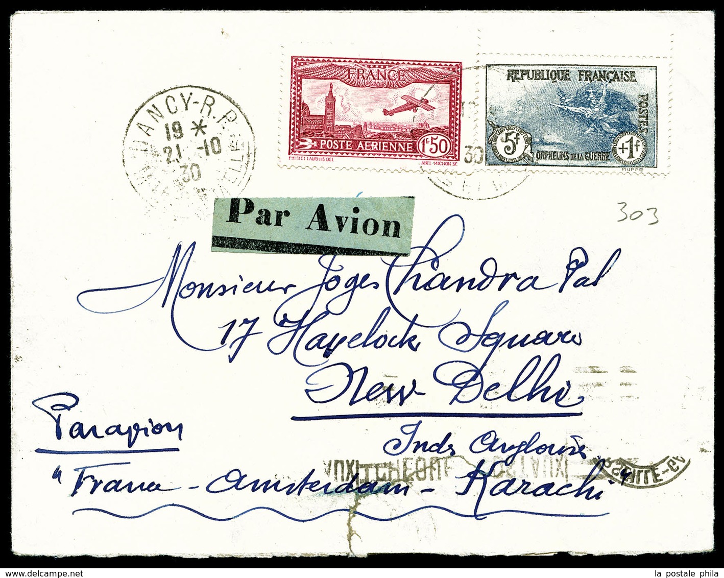 O N°5, 1f 50 Carmin + Orphelins (N°232) Sur Lettre De Nancy 21 Oct 1930 à Destination De NEW DELHI Avec Mention 'PAR AVI - 1927-1959 Ungebraucht