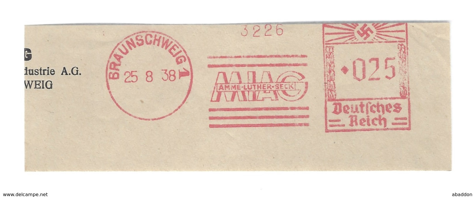 Deutschtes Reich AFS - BRAUNSCHWEIG, MIAG - Amme Luther Seck 1938 - Maschinenstempel (EMA)