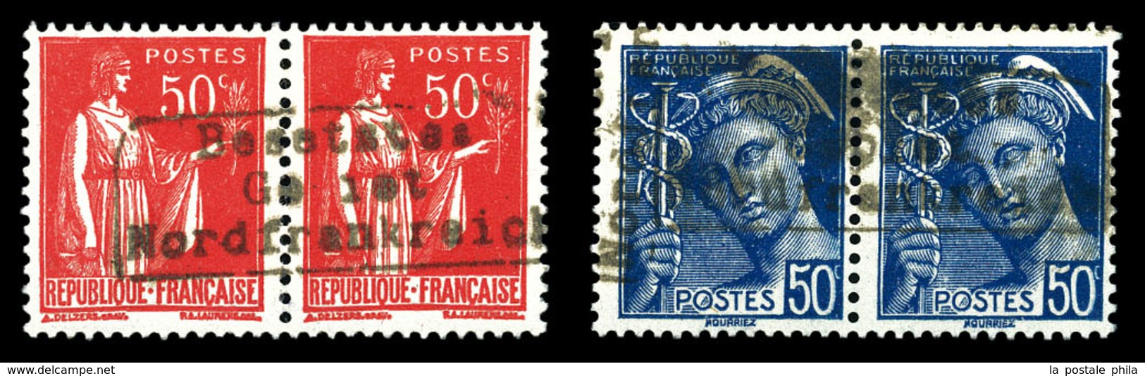 * N°3/4, 50c Rose-rouge Et 50c Bleu En 2 Paires Surchargées Dunkerque, TB  Qualité: *  Cote: 280 Euros - Guerre (timbres De)