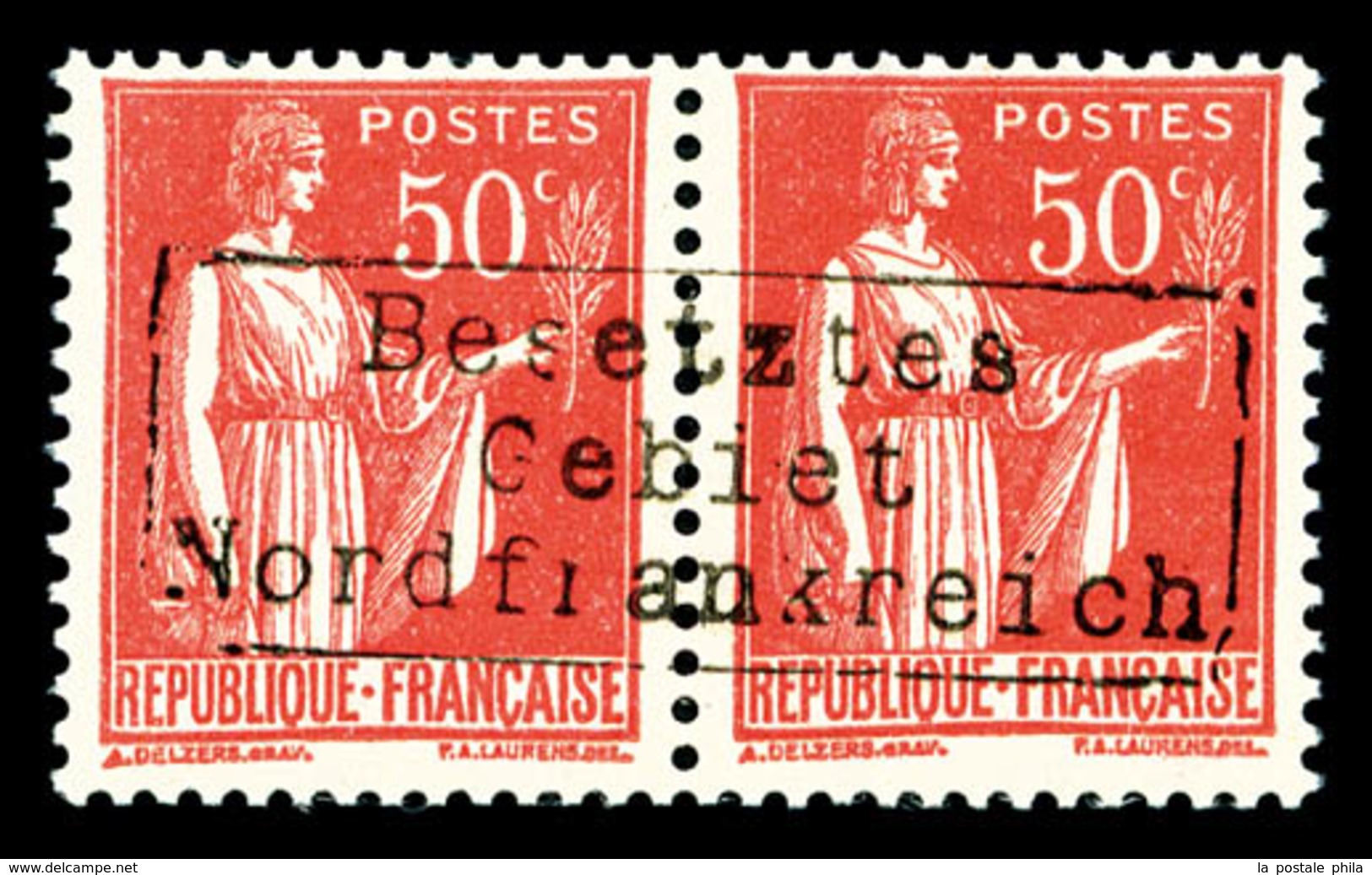 ** N°6, Paix, 50c Rose-rouge En Paire Horizontale Surchargée Coudekerque, Très Bon Centrage, SUPERBE (signé Brun/certifi - War Stamps