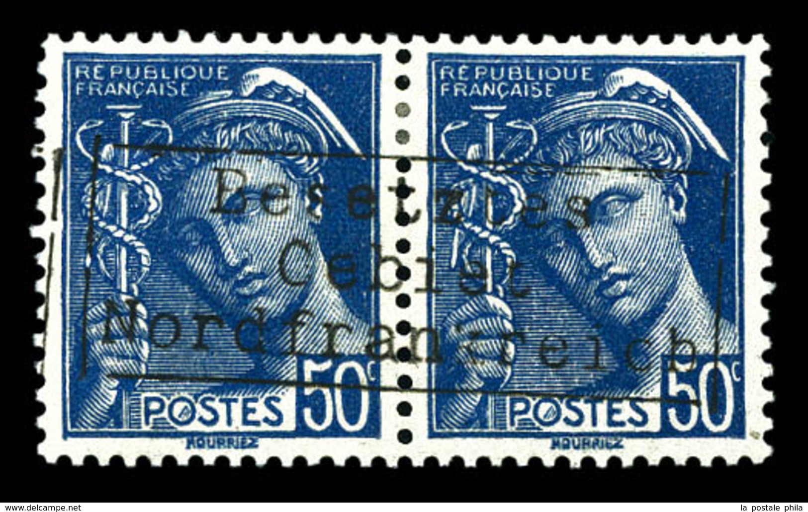 * N°7, 50c Bleu En Paire Surchargée 'COUDEKERQUE'. TB (signé Brun)  Qualité: *  Cote: 280 Euros - Francobolli Di Guerra