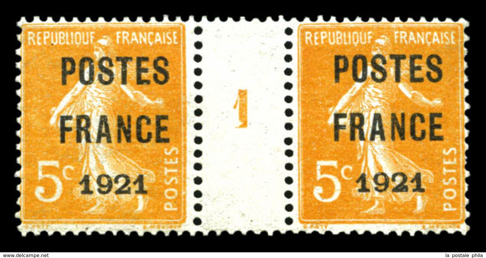 ** N°33, 5c Orange Surchargé 'POSTE FRANCE 1921' En Paire Millésime '1'. SUP (signé Scheller/certificat)  Qualité: ** - Millésime