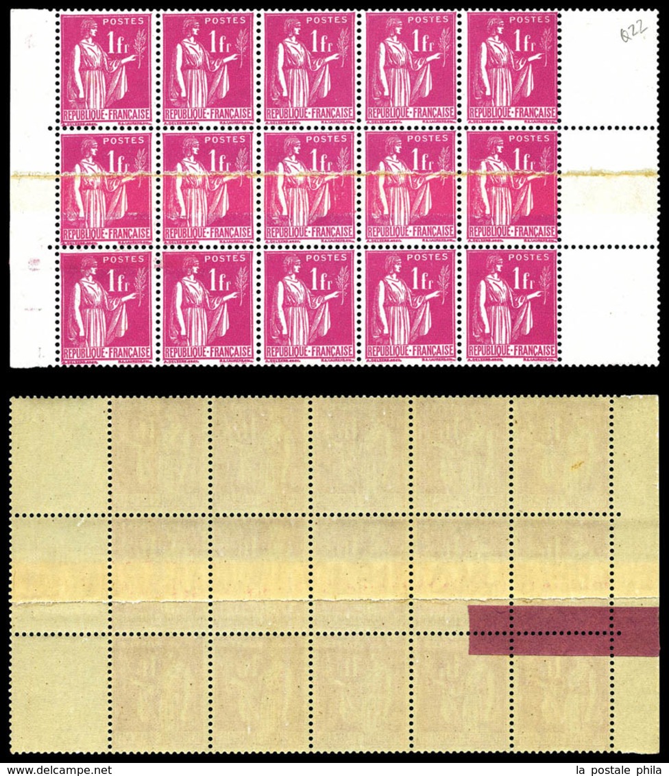 ** N°369c, 1f Paix: Impression Sur Raccord Avec Sonnette En Bloc De 15 Exemplaires Bdf. TTB (certificat)  Qualité: **  C - Unused Stamps